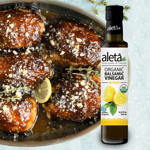 Aleta Farms Balsamic Vinegar, Premium Quality Lemon Infused Balsamic Glaze, USDA Organic, Perfect for Salad Dressings, Pasta, Desserts & Finishing Touches, Made in Greece, 8.45 fl oz (Lemon)