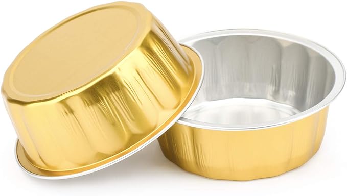 Beasea Disposable Ramekins with Lids, 8 oz 50 Pack Golden Aluminum Foil Cups Disposable Creme Brulee Muffin Cupcake Baking Cup Mini Pudding Cups for Party Wedding Birthday