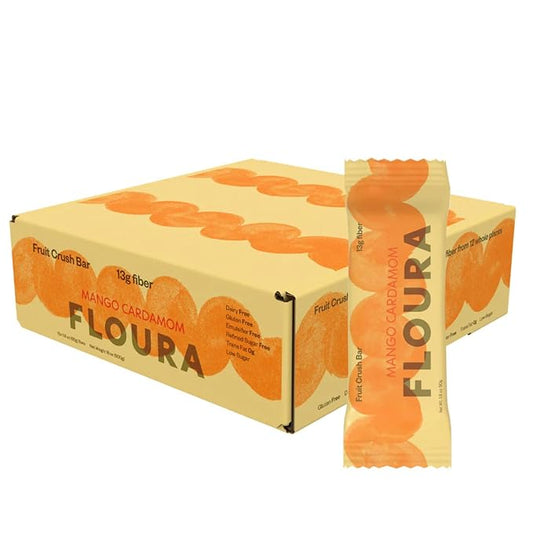 Floura Mango Cardamom Fruit-Forward Fiber Bars??High Fiber, Vegan, Gluten & Dairy Free, Low Calorie Healthy Snack Bars with Upcycled Produce for Gut Health [10 Pack]