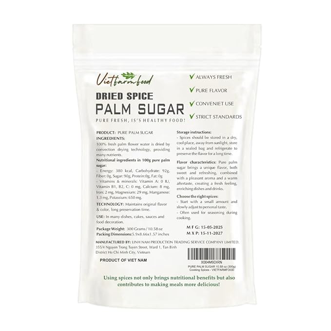 PURE PALM SUGAR 10.58 Oz (300g) VIETFARMFOOD: Natural pure, convection dried seasoning made from real fruits - perfect for adding flavor to any meal, from cooking, baking, salads, soups, sauces