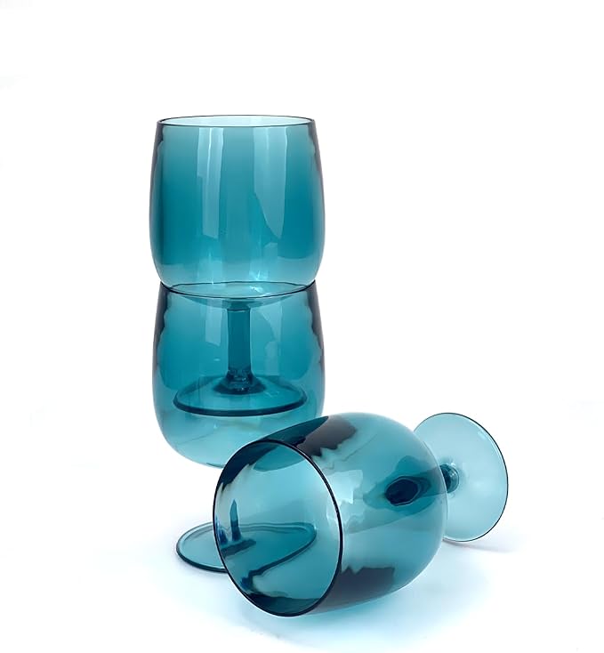 Yalin Set of 6 Unbreakable 12 oz Acrylic Plastic Wine and Water Tumbler Stackable Goblets. (Cyan, 12 oz)