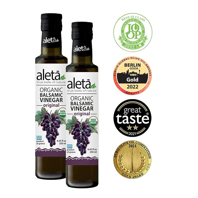 Aleta Farms Balsamic Vinegar, USDA Organic, Aged Flavored Vinegar, Perfect for Salad Dressings, Pasta, Desserts & Cocktails, Glass Bottle, 8.45 fl oz (Plain)