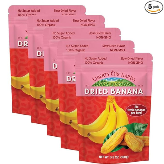 Liberty Orchard Organic Whole Dried Banana - Naturally Sweetened Dried Fruit Snack for Healthy Digestion & Busy Lifestyles - Delicious 6 Fresh Bananas in Each Bag - 5 Pack