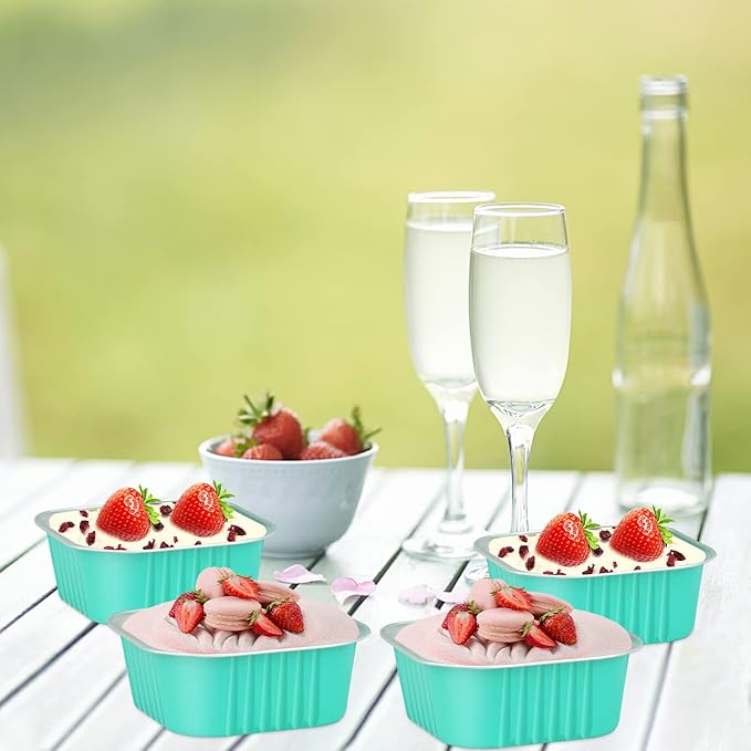 120pack 5oz Mini Cake Pans with Lids,LNYZQUS Aluminum Foil Cupcake Baking Cups Muffin Tin,Disposable Ramekins Small Cake Mini Brownie Baking Pan Cheesecake Containers -Cyan Blue