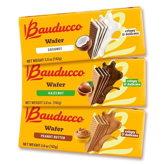 Bauducco Wafer Cookies Tropical Nut Fusion Bundle - Coconut, Hazelnut, and Peanut Butter, 5.0 oz each flavor (Pack of 3)