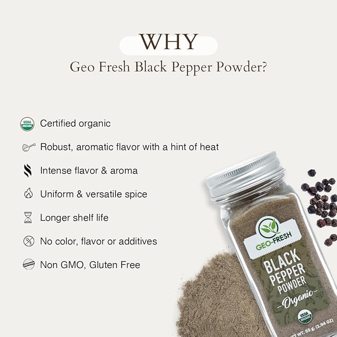 Geo-Fresh Organic Black Pepper Powder ??1.94 oz Glass Jar ??Black Pepper Ground ??USDA Certified ??Non-GMO, Kosher, Gluten-Free ??Premium Quality and Organic for Cooking & Seasoning