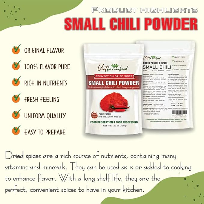 SMALL CHILI POWDER 5.29 Oz (150g) VIETFARMFOOD: Natural pure, convection dried seasoning made from real vegetables - perfect for adding flavor to any meal, from cooking, baking, salads, soups, sauces