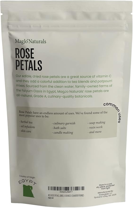 MagJo Naturals Red Rose Petals, Dried, Culinary Grade A, Harvested from Faiyum Oasis in Egypt (4 oz)