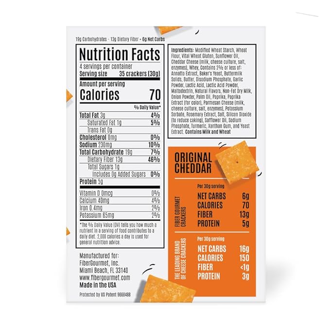 Fiber Gourmet Original Thinables Baked Cheese Crackers – Low Calorie, High Fiber Snack – 6g Net Carbs, 70 Calories, 13g Fiber, 5g Protein – Kosher, Made in USA with Real Cheese - 4.25 oz