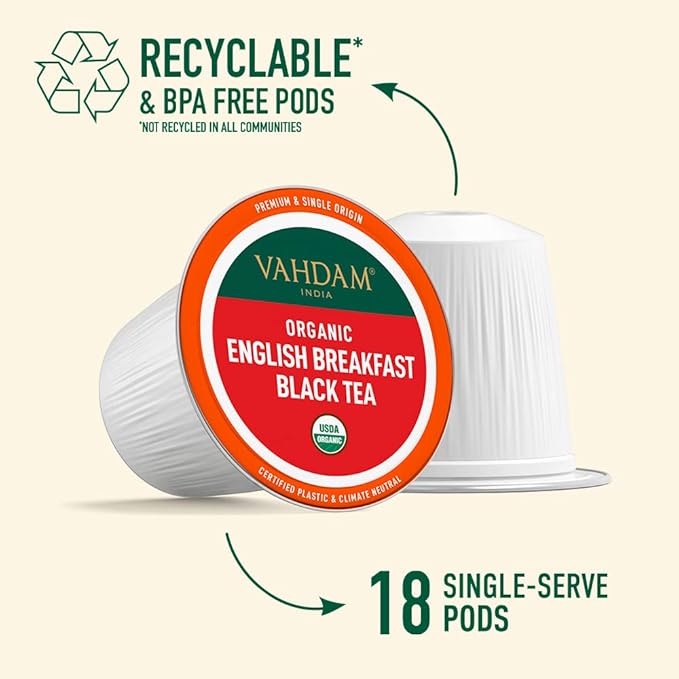 VAHDAM, Organic English Breakfast Black Tea K Cup (18 Pods) Caffeinated, USDA Organic Black Tea | Keurig Compatible, Strong & Robust | BPA Free & Recyclable Pods, Single Serve