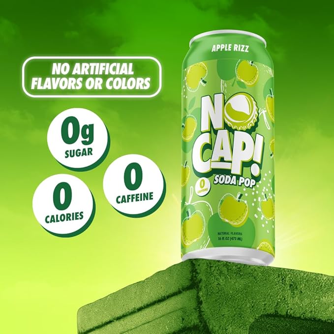 No Cap! Healthy Soda Drinks For Kids, Teenagers & Adults,Natural Flavors, Zero Sugar, Zero Calorie, Caffeine Free,16 Oz Cans, (12 Pack) Apple Rizz