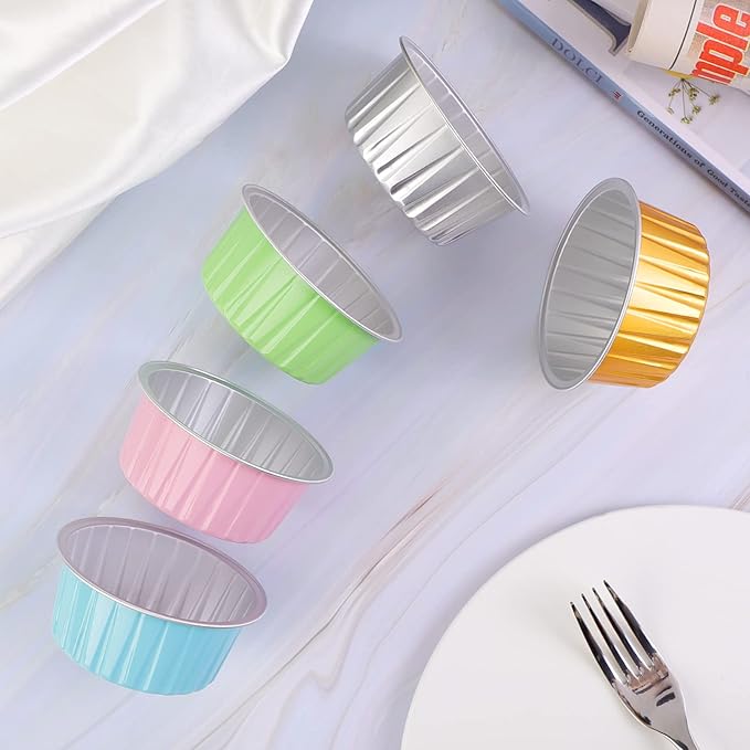 EUSOAR Cupcake Liners for Baking, 50pcs 5oz Muffin Liners, Disposable Foil Ramekins, Dessert Containers, Aluminum Foil Baking Cupcake Cups Holders Pans with Lids 5 Colors Mixed