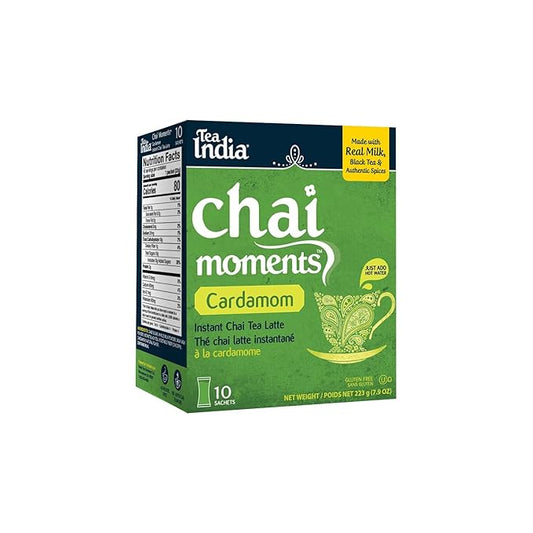 Tea India Chai Moments Cardamom Chai Tea Instant Latte Mix Flavorful Blend Of Premium Black Tea, Cardamom & Natural Ingredients Traditional Indian Tea Individually wrapped 10 Sachets
