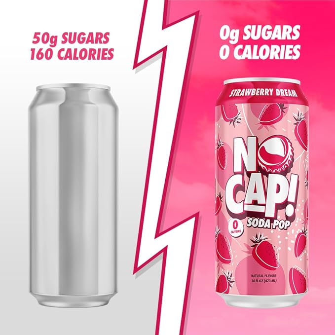 No Cap! Healthy Soda Drinks For Kids, Teenagers & Adults, Natural Flavors, Zero Sugar, Zero Calories, Caffeine Free,16 Oz Cans, (12 Pack) Strawberry Dream