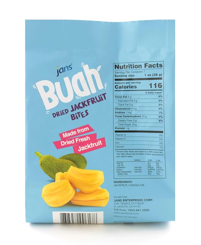 Jans Buah Dried Jackfruit Chips 7.05 oz (Pack of 6) Jack Fruit Chips ??Real Fruit Snack ??Gluten-Free, Sweet & Crunchy ??Ready-to-Eat Healthy Snack ??No Artificial Flavors ??Perfect for Travel, Office, or Anytime Snacking