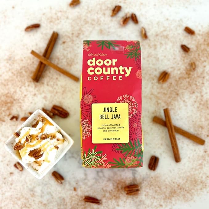 Door County Coffee Jingle Bell Java Flavored Coffee Ground - 8oz Bag - Holiday Seasonal - Medium Roast - 100% Specialty Arabica - Pecans, Creamy Caramel, Vanilla, Cinnamon
