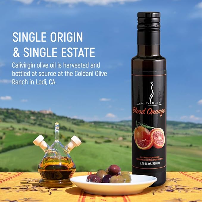 Calivirgin Blood Orange Olive Oil - Blood Orange Infused Extra Virgin Olive Oil - Cold Pressed Olive Oil - Blood Orange Flavored Olive Oil - No Preservatives, Organically Grown Olives - 250ml