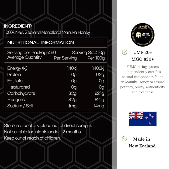 Hi Well Premium New Zealand 100% Manuka Honey UMF 20+ MGO 830+ | Certified Monofloral Raw Honey (500g)