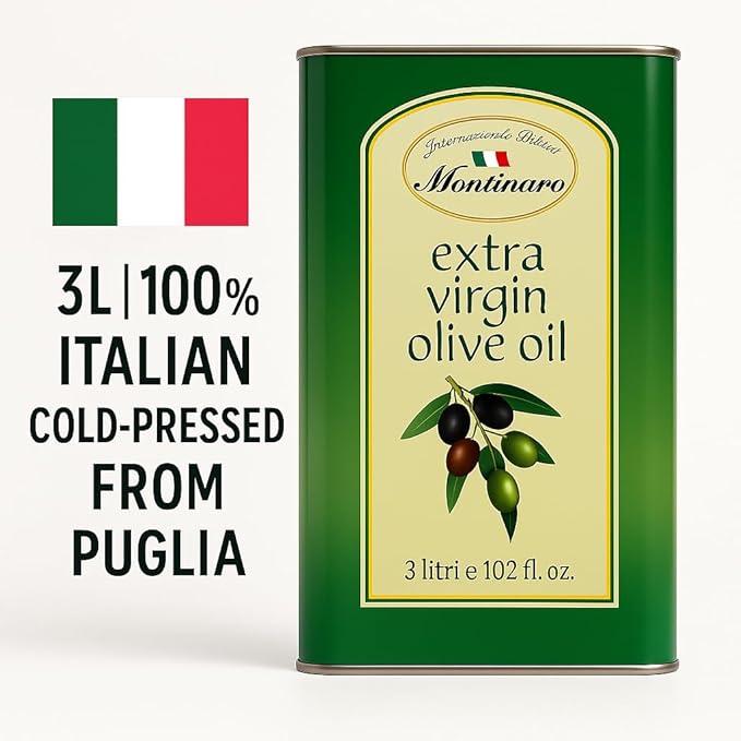Montinaro Italian Extra Virgin Olive Oil ??Cold-Pressed EVOO from Puglia ??3L (101 fl oz) Tin ??Coratina Monovarietal ??Rich, Peppery Flavor ??Non-GMO, Vegan, Single-Origin ??Imported from Italy