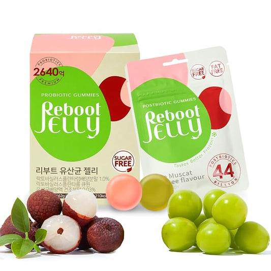 Korean Food Reboot Probiotic Jelly (27g*6pack) Postbiotics Gummies, K jelly, Korean jelly, No sugar, No fat, Gluten free, Vegetable Pectin, Lychee & Shine Muscat Flavor