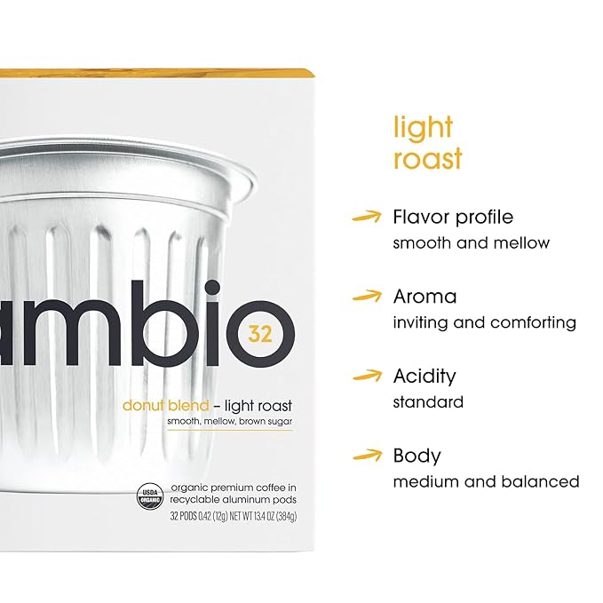 Cambio Roaster Donut Blend Keurig Coffee K Cups, Organic Light Roast Coffee Pods, Only Aluminum K Cup for More Flavor & Longer Lasting Freshness, Caffeinated Lower Acid Kcups for Keurig, 60 count