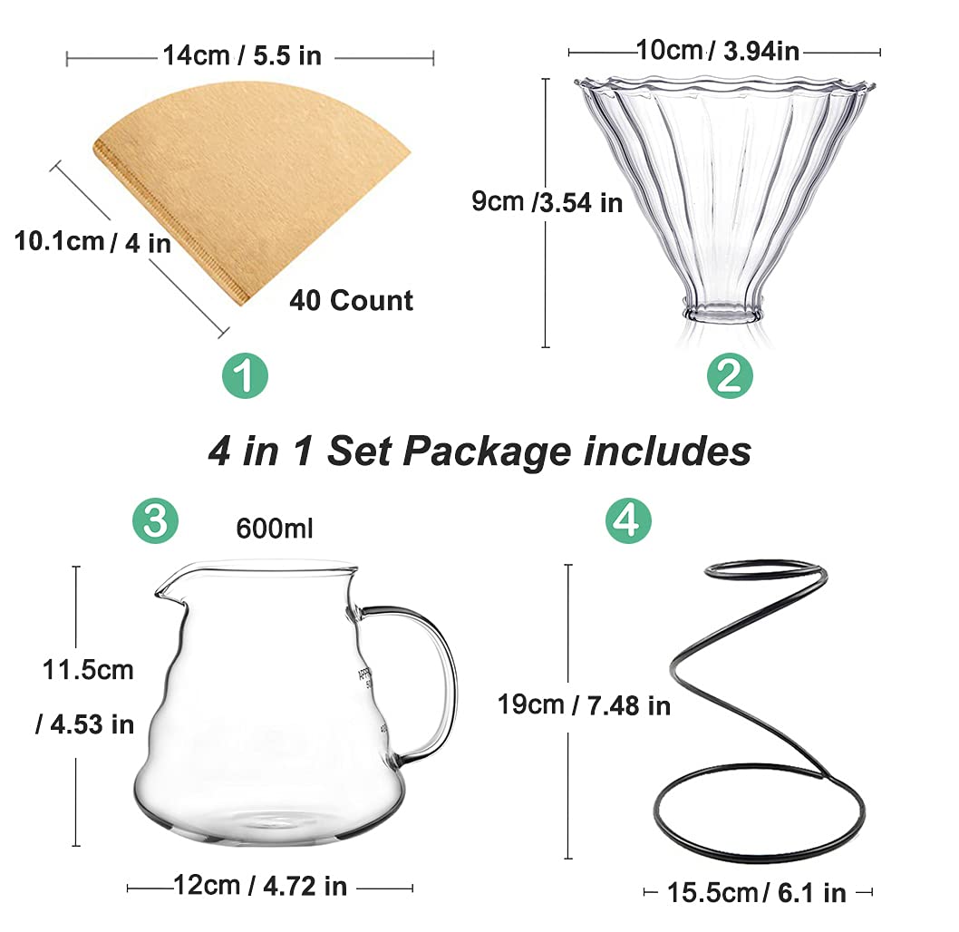 Pour Over Coffee Maker Set – Includes Glass Coffee Dripper, Metal Dripper Stand, Heat Resistance