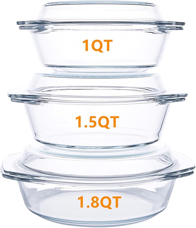 Set of 6 Pieces Round Tempered Glass Casserole Dish with Lids, Glass Casserole Baking Dish Set for Oven, Freezer and Dishwasher Safe - 1QT+1.5QT+1.8QT