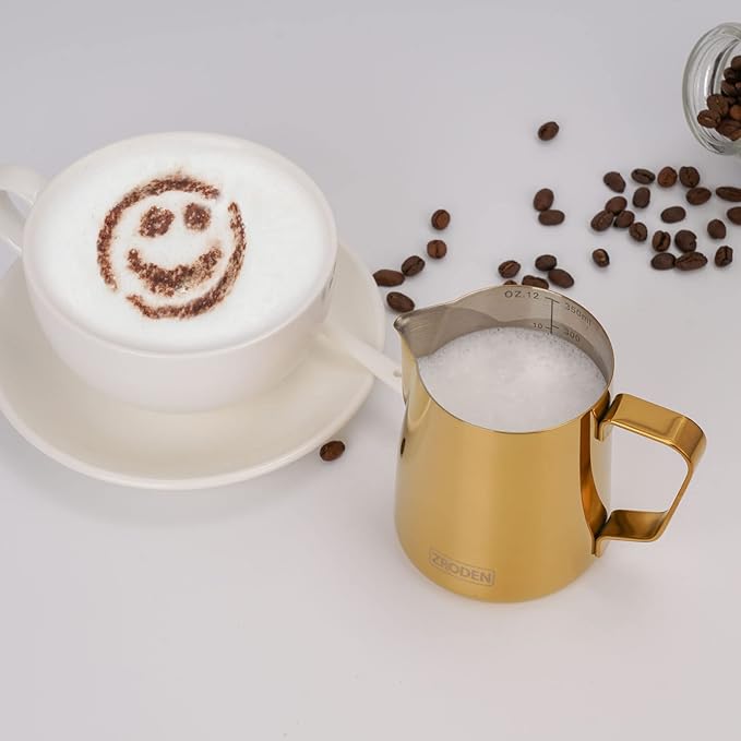 Milk Frothing Pitcher, 12oz Espresso Steaming Pitchers Stainless Steel Milk Coffee Cappuccino Barista Steam Pitchers Milk Jug Cup with Decorating Pen Latte Art, Gold