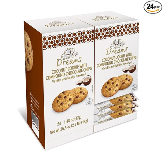Coconut Cookie with Compound Chocolate Chips – Vegan Snacks, Gluten-Free, Protein and Nutrient Packed – DREAMS COCONUT – 1 box with 24 units (x 1.48oz/42g), 35.52oz/ 1008g