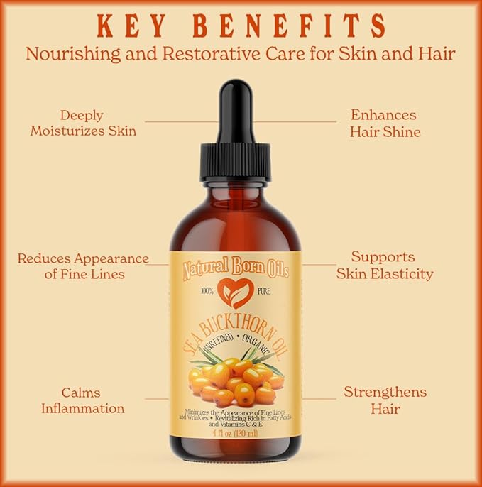 Natural Born Oils 16oz Sea Buckthorn Oil, 100% Pure and Natural, Organic, Cold-pressed, Unrefined, Revitalizing, Includes Pump & Dropper 16-Sea-Buck 0