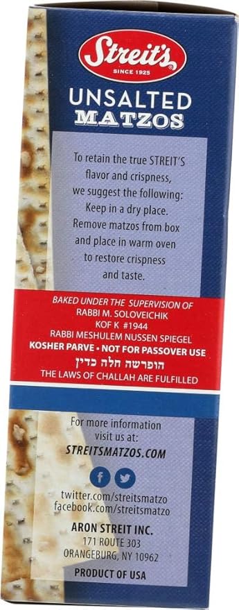 Streit's Unsalted Matzo - Thin & Crispy, Non-GMO, Sodium Free, Low Fat, Vegan, Family Owned, Kosher Certified, Pair with Soups, Spreads & Salads (11oz, Pack of 3)