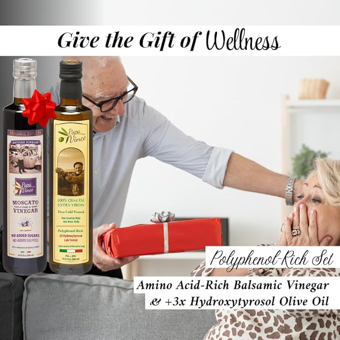 Papa Vince Extra Virgin Olive Oil & Balsamic Set - EVOO First Cold Pressed Dec 2023/24, Balsamic Vinager Aged 8-years in wood made by our family in Sicily, Italy - 16.91 oz each