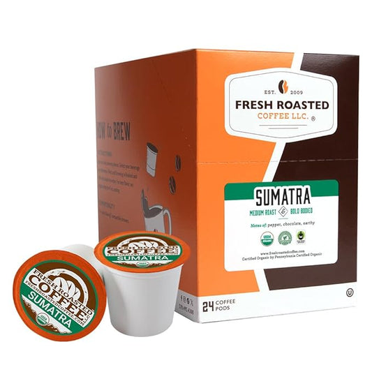Fresh Roasted Coffee, Organic Sumatra | 100% Single Origin, USDA Organic, Kosher | Medium Roast K-Cup Compatible | 24 Pods
