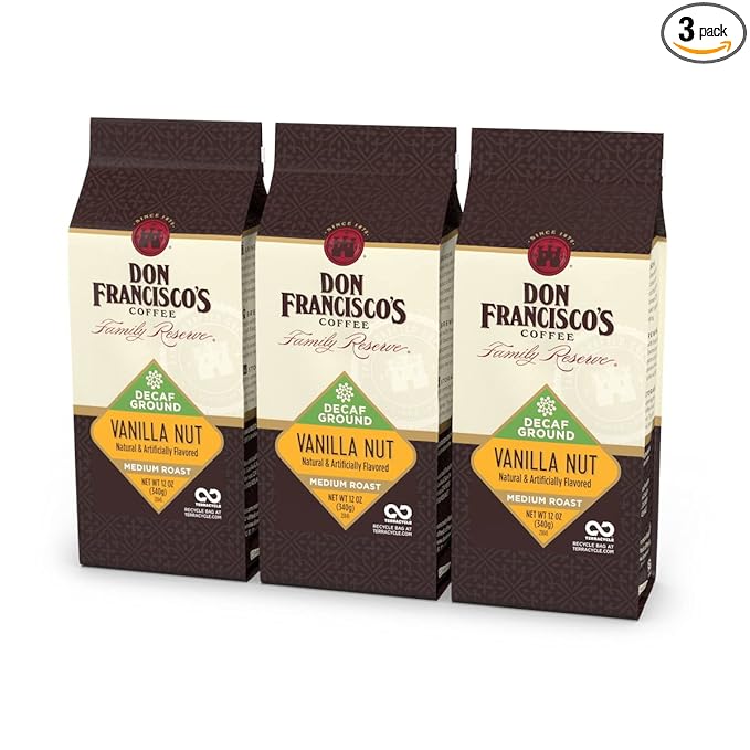 Don Francisco's Decaf Vanilla Nut Ground Coffee, Medium Roast ??Flavored 100% Arabica, 3-Pack (12 oz Bags), Premium Coffee for Drip, Pour Over & French Press