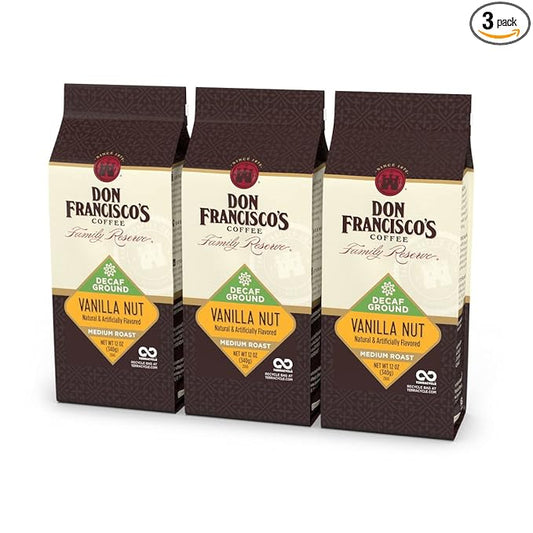 Don Francisco's Decaf Vanilla Nut Ground Coffee, Medium Roast ??Flavored 100% Arabica, 3-Pack (12 oz Bags), Premium Coffee for Drip, Pour Over & French Press