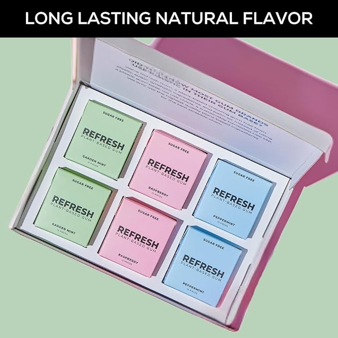 Refresh Gum, Xylitol, Natural, Sugar Free, Long Lasting, Plastic Free, Natural Flavors & Organic Ingredients, Plant-Based, Non GMO, Peppermint, Garden Mint & Raspberry Variety Pack, 12 Pcs, 6 Pack