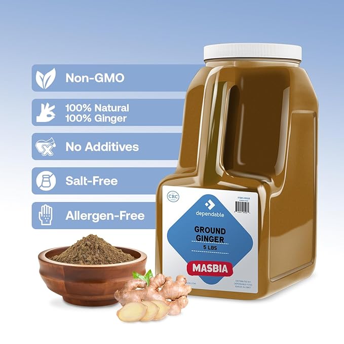 Dependable Foods Ground Ginger Spice – 5 Lb. Bulk Jar - Non-GMO, Kosher, Salt-Free, Allergen-Free| Zesty Spice Delight
