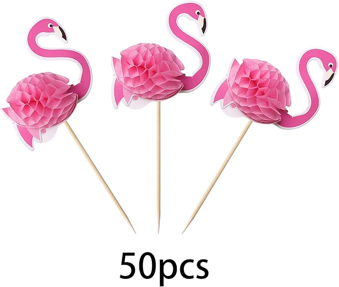 Rsstarxi 50 Pack Luau 3D Flamingo Cupcake Toppers Tropical Aloha Flamingo Cupcake Picks for Summer Hawaiian Luau Tropical Theme Baby Shower Birthday Wedding Party Cake Decorations