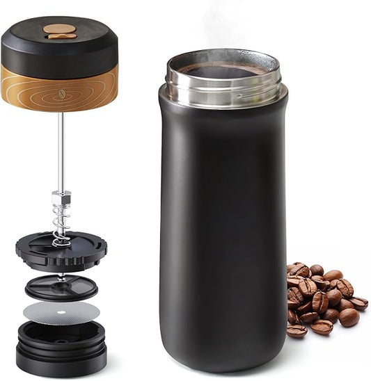 The Original Portable French Press Stainless Steel Coffee Maker Premium Vacuum Insulated Travel Mug Hot & Cold Brew French Presses (Black upgraded Version)