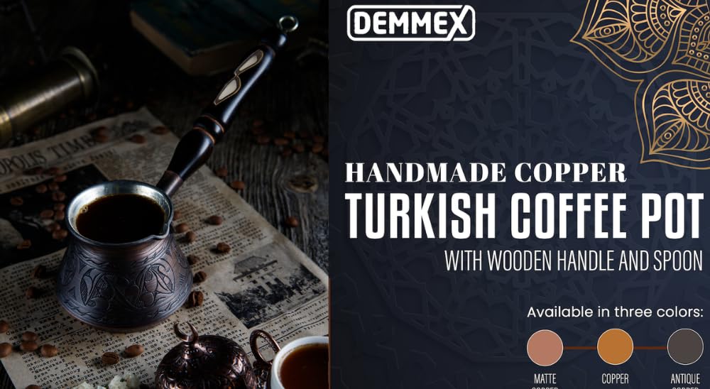 DEMMEX Copper Turkish Coffee Pot Cezve Ibrik Greek Coffee Briki Stovetop Coffee Maker with Wooden