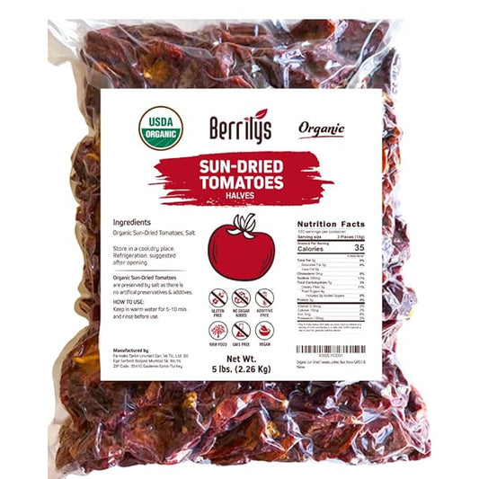 Berrilys Organic Sun-Dried Tomatoes, Salted, No Sulfur, No Preservatives, Kosher, Raw, Non-GMO, Great Ingredient for Baking and Cooking, Requires Pre-treatment or Cooking Before Consumption, 5 LB