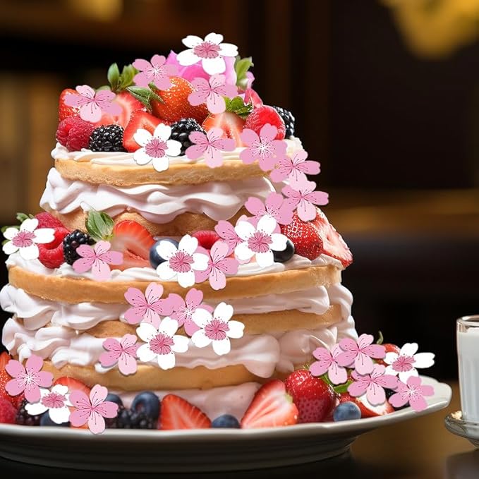60 Pack Edible Cherry Blossom Cupcake Toppers Cherry Flowers Cake Toppers Rice Paper Wafer Paper Cake Picks for Cherry Blossom Bridal Shower Baby Shower Kids Birthday Cake Decorations