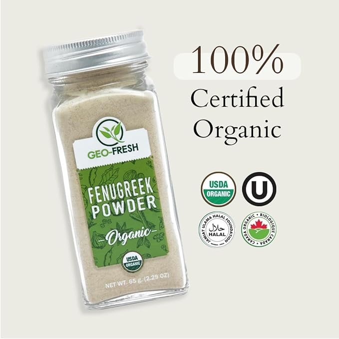 Geo-Fresh Fenugreek Powder Organic ??2.29 oz (65g) ??Organic Fenugreek Powder ??Ground Spices for Cooking ??USDA Certified ??Kosher, Non-GMO, Gluten-Free ??Premium Quality Indian Spice