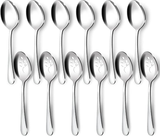 BEWOS 12-Piece Serving Spoons Set, 6 Serving Spoon and 6 Slotted Spoons, 9.1-Inch Utensils Set for Parties, Stainless Steel, Dishwasher Safe, Large Spoon For Buffet