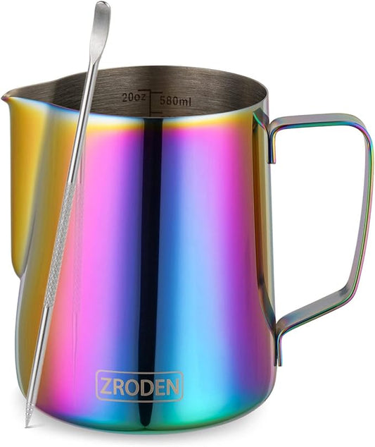 Milk Frothing Pitcher, 20oz Espresso Steaming Pitchers Stainless Steel Cappuccino Coffee Machine Accessories Barista Tools Steam Froth Pitchers Milk Jug Cup with Decorating Pen Latte Art, Rainbow