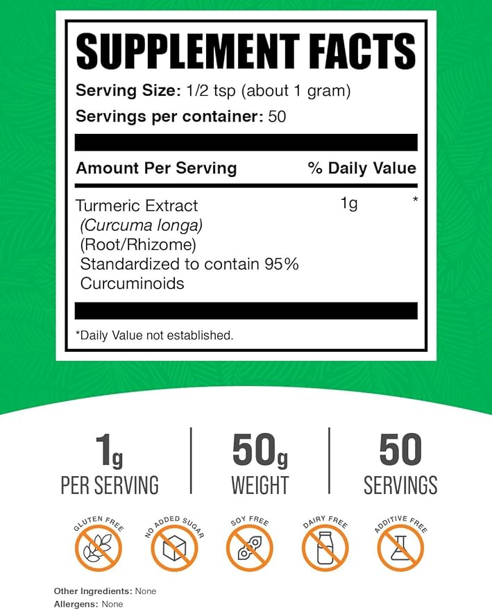 BulkSupplements.com Turmeric Extract Powder - from Turmeric Root, Curcumin Supplements, Turmeric Curcumin Powder - Gluten Free, 1g per Serving, 50g (1.8 oz) (Pack of 1)