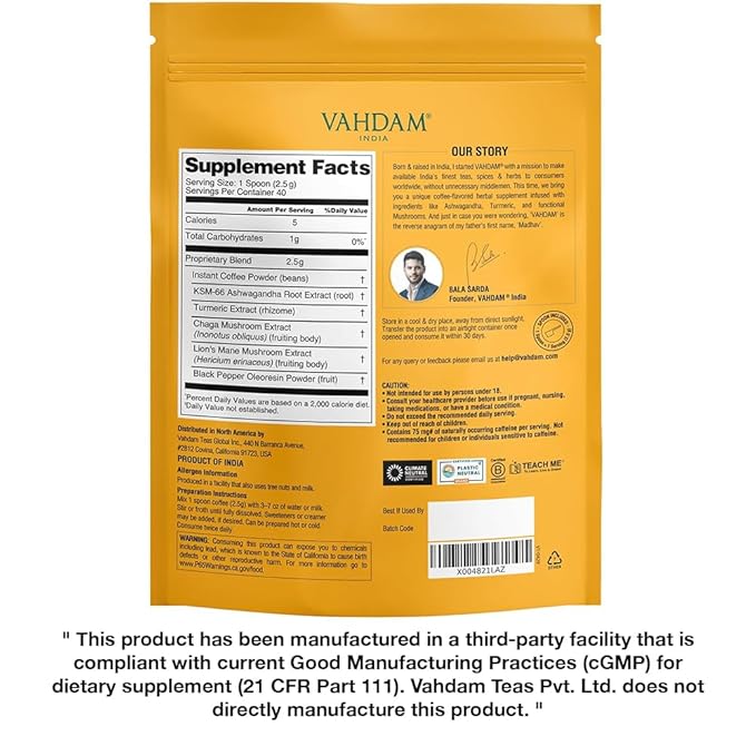 VAHDAM Ashwagandha Coffee with Turmeric, Lion?™s Mane & Chaga Mushroom | Clinically Proven KSM 66 Ashwagandha & Pure Arabica Coffee | Stress & Cortisol Support, Better Energy - 40 servings