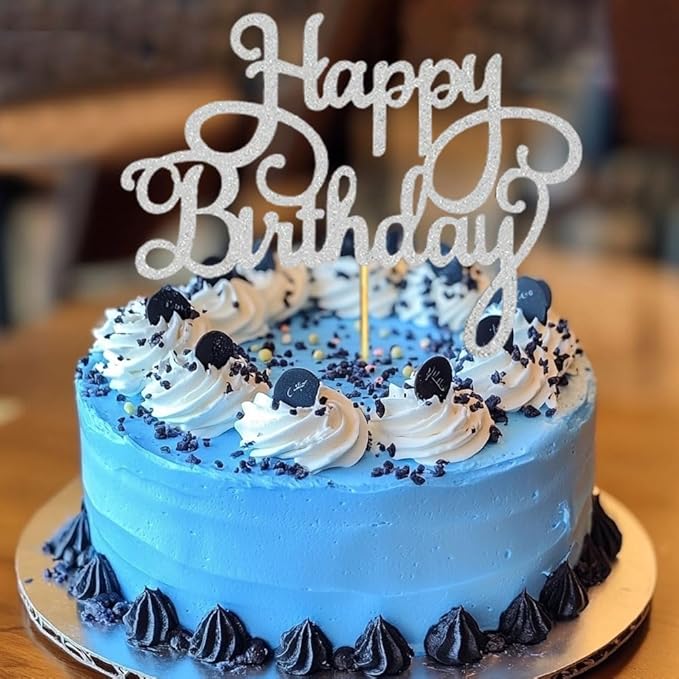 1 PCS Happy Birthday Cake Topper Glitter Silver Celebration Cake Picks Happy Birthday Decorations for Anniversary Birthday Party Decorations