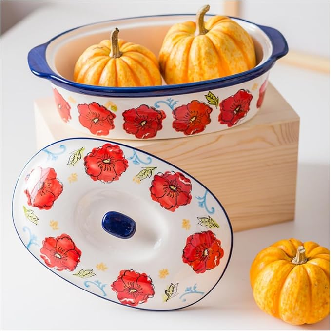 Floral Ceramic Casserole Dish with Lid,44oz Covered Rectangular Baking Dish,Deep Casserole Cookware Bakeware,Oven Safe and Dishwash Safe