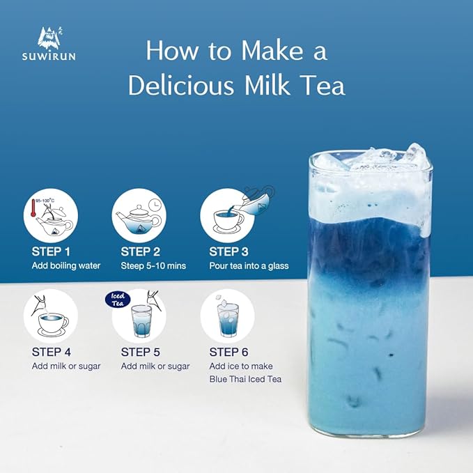 Suwirun Organic Blue Thai Tea 25 Bags ??Naturally Blue Butterfly Pea Tea ??Floral Aroma with Vanilla & Green Tea ??Great for Hot, Iced & Milk Tea